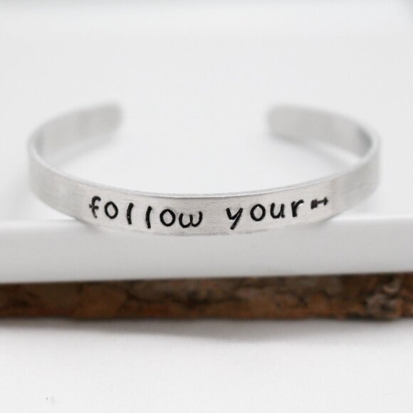 Follow Your (Arrow) ---> - Hand Stamped Anodized Aluminum Bangle - Adjustable - Picture 9 of 11